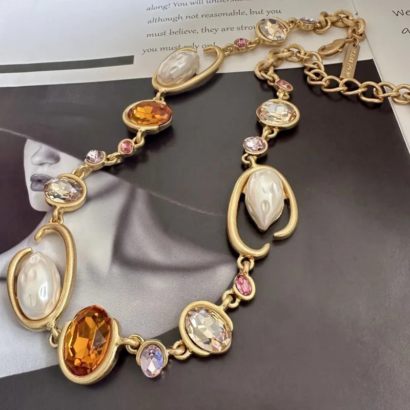 Glam O-Link Choker Rhinestone Collarbone Pendant Necklace, Long Layering Chain for Women, Sparkling Evening Party Jewelry