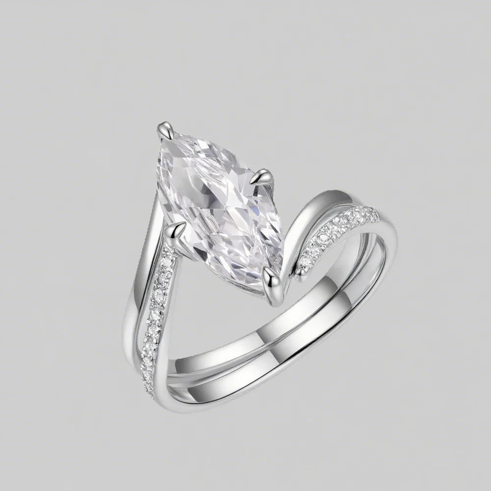 OEVAS 3CT Marquise Cut Moissanite Two Rings 100% S925 Silver Double row Ring for Women Wedding Party Fine Jewelry