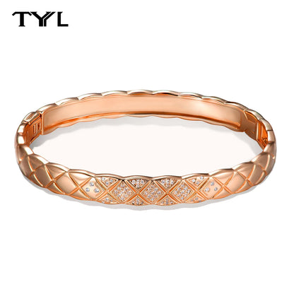 TYYL Vintage Glossy Diamond-shaped Cross Bracelet for Women Gold Plated Rhombus Zircon Quilted Surface Texture Bangle Jewelry
